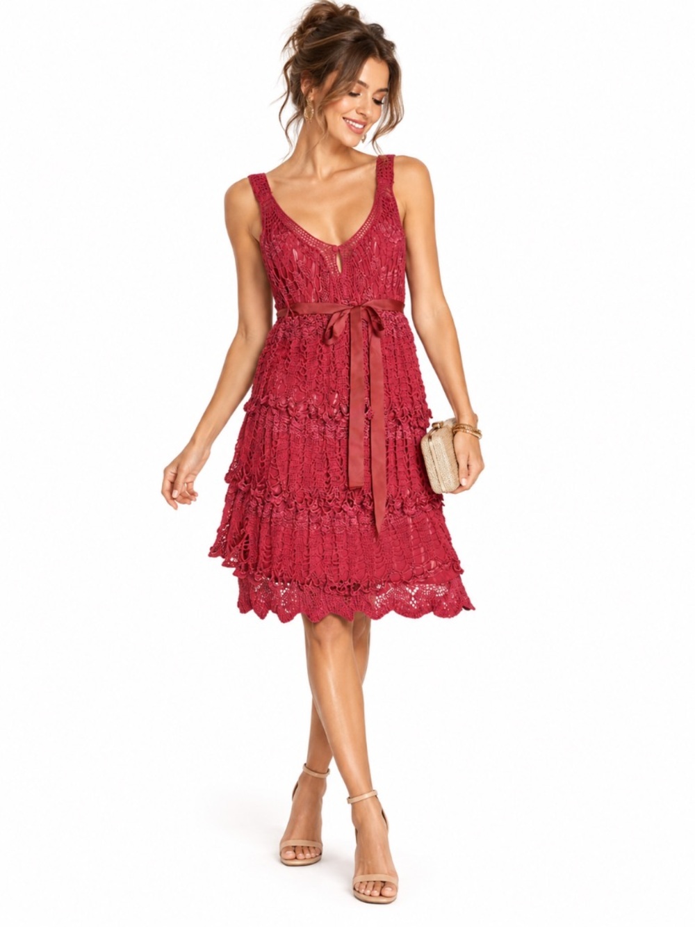 Nanette Lepore Raspberry Crochet Coquette Romantic Ribbon Waist Dress Size S